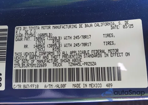 2025 Toyota Tacoma Sr5 4Wd z USA, uszkodzony, nr VIN 3TMLB5JN7SM122689